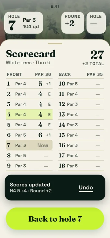 Scores saved: toast with Undo, light